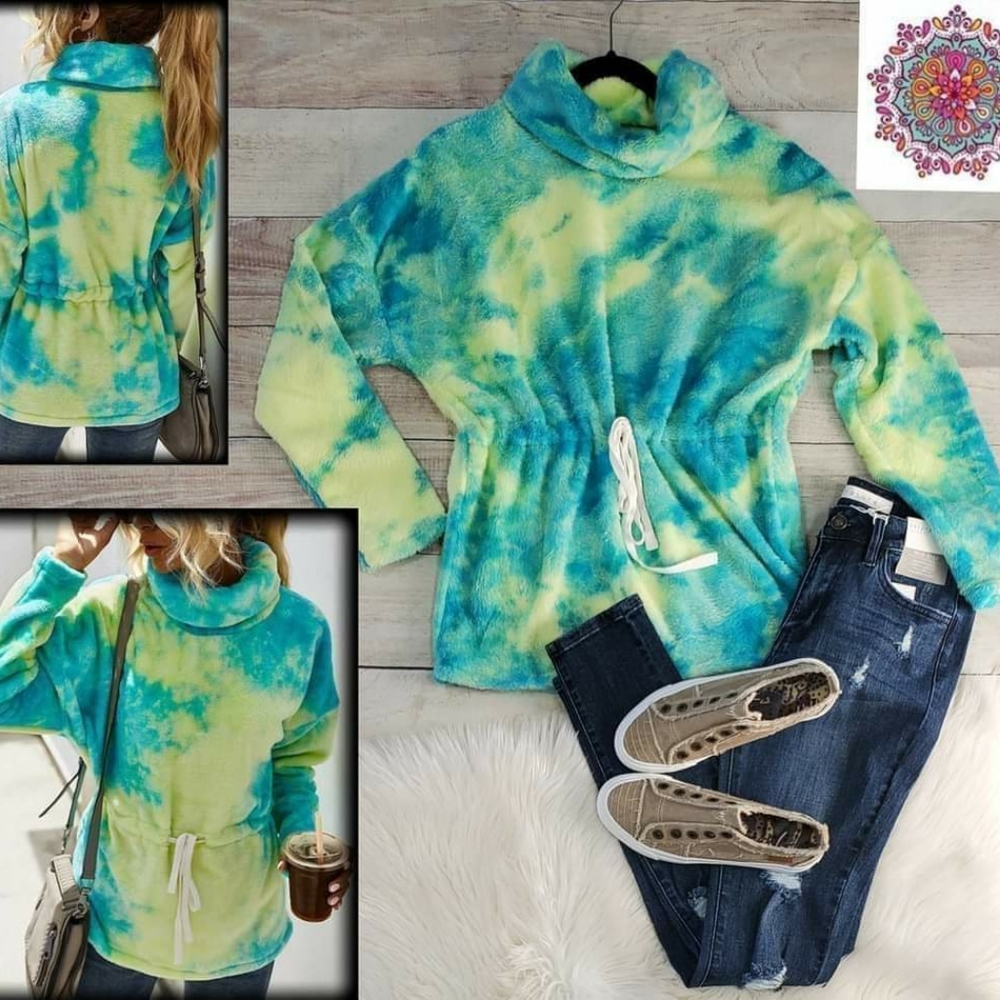Cowl Neck Tie Dye Fleece Long Sleeve Top